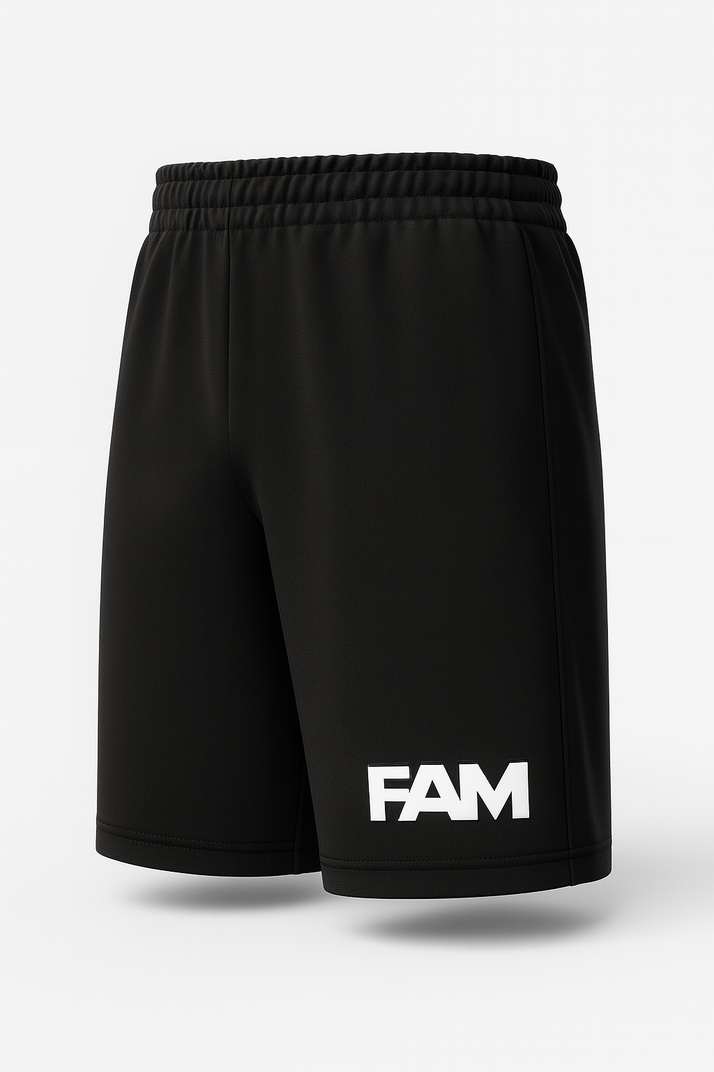 FAM Black Shorts featuring a comfortable fit with elastic waistband, perfect for gym or casual wear.