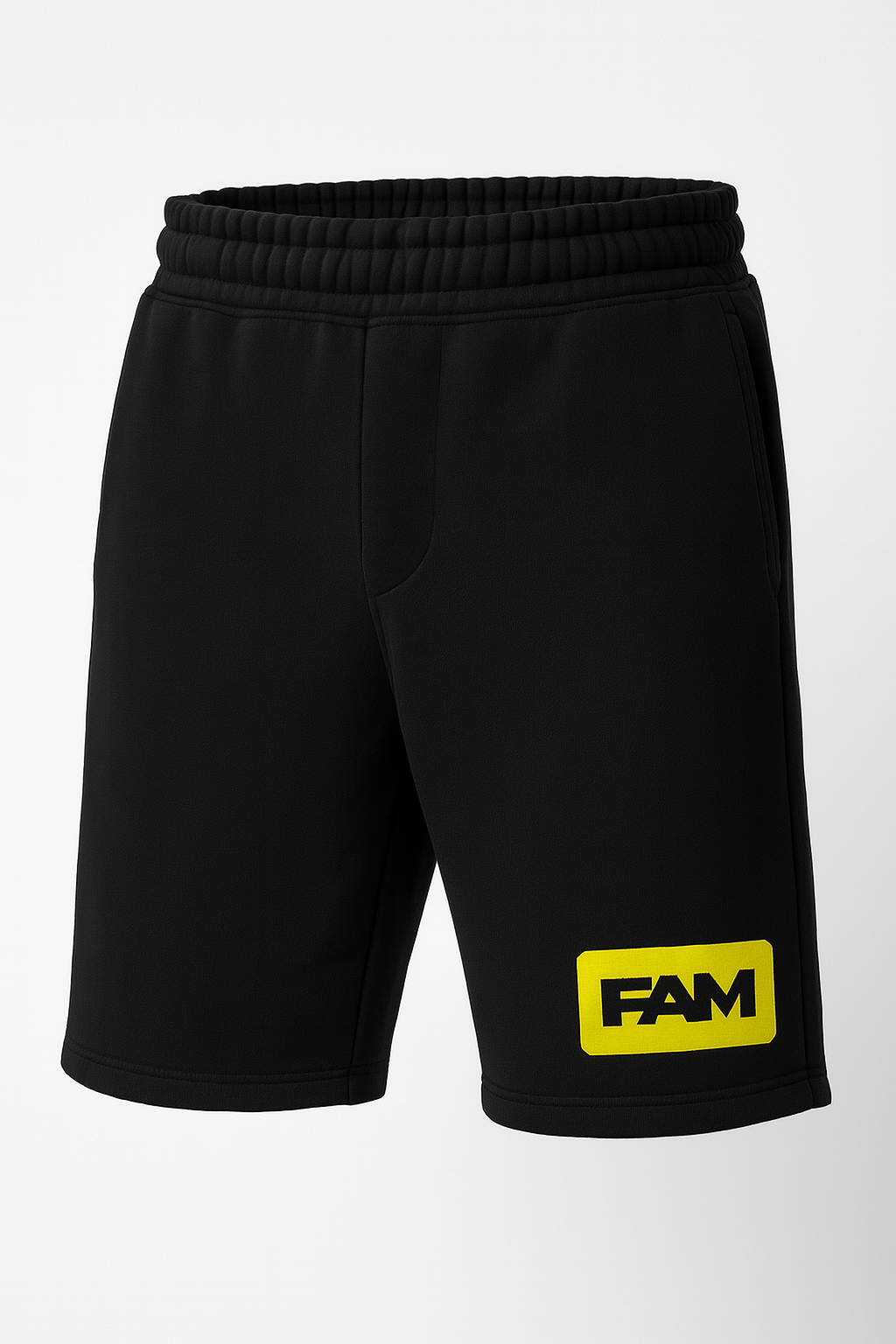 FAM Black Shorts featuring a yellow logo, ideal for gym or casual wear, made from comfy cotton blend fabric.