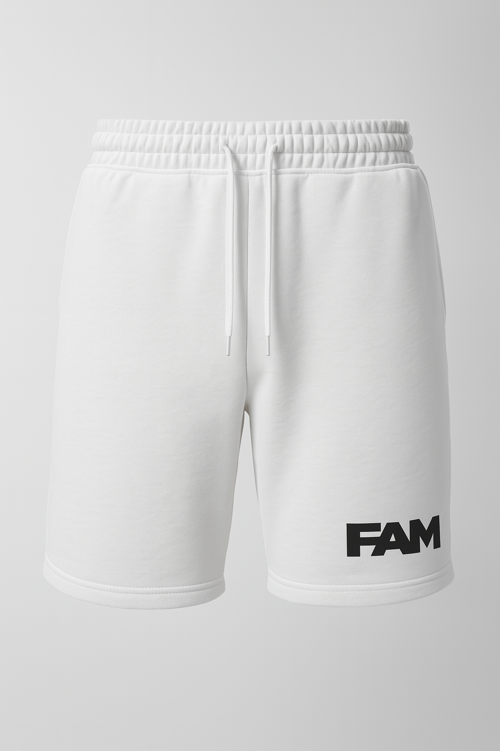 FAM White Shorts featuring a clean design, relaxed fit, and soft cotton blend for summer comfort.