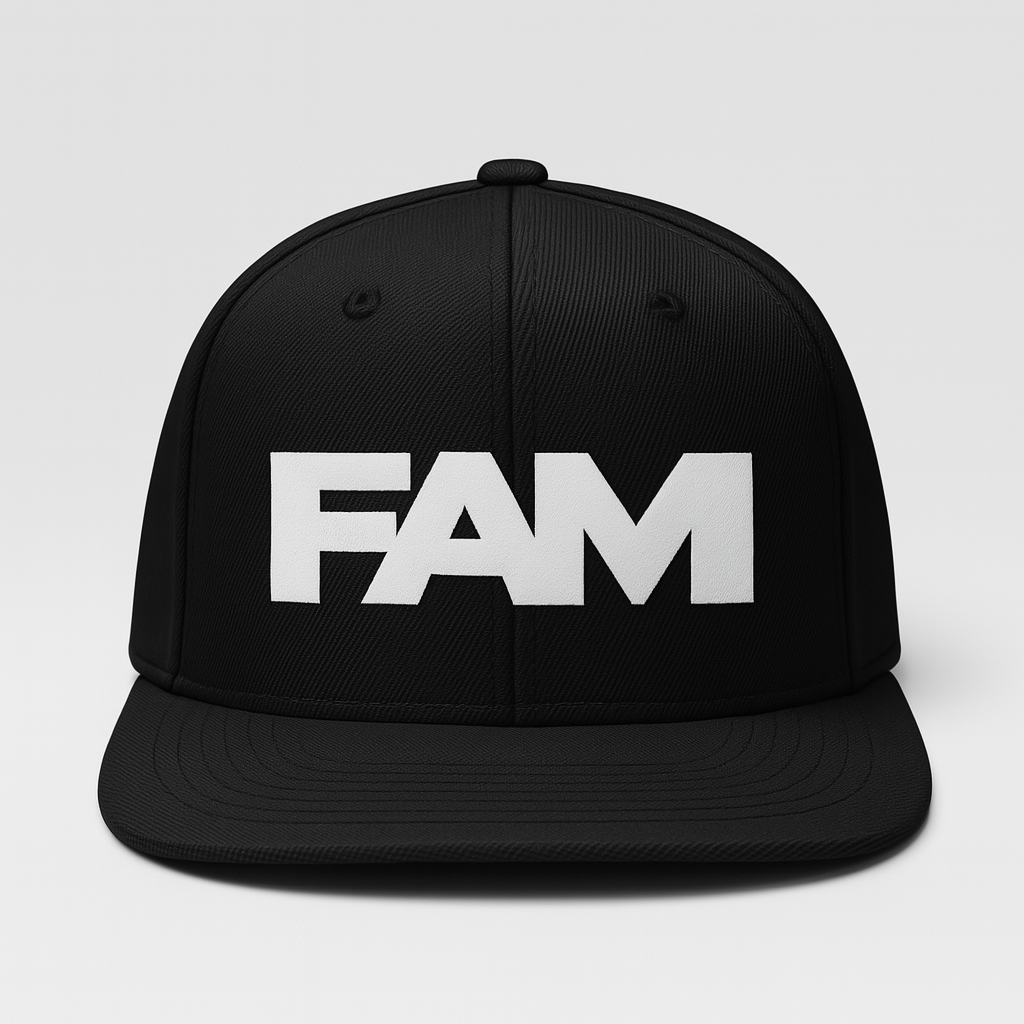 FAM Logo Cap in black with white embroidered logo, a stylish snapback for everyday wear.