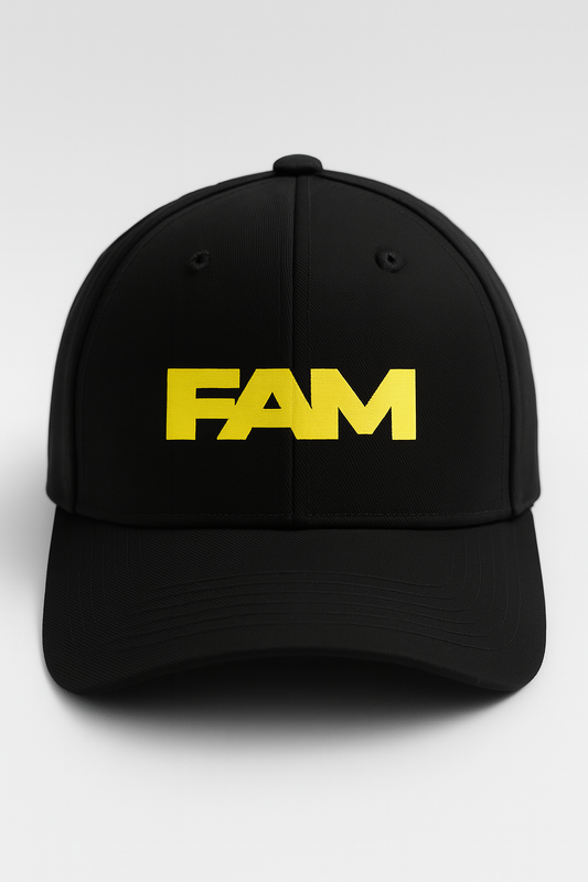 FAM Logo Cap in black with yellow badge, structured snapback design, perfect for everyday wear.