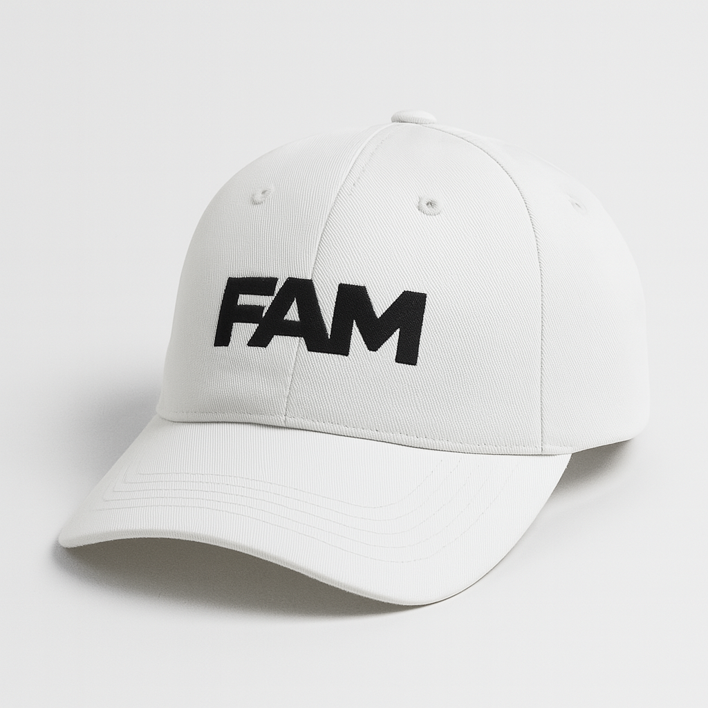 FAM Logo Cap in white with embroidered black logo, featuring a structured design and adjustable strap.