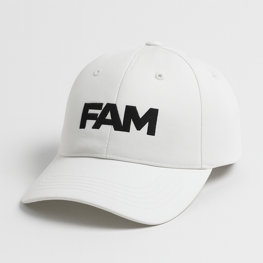 FAM Logo Cap in white with embroidered black logo, featuring a structured design and adjustable strap.
