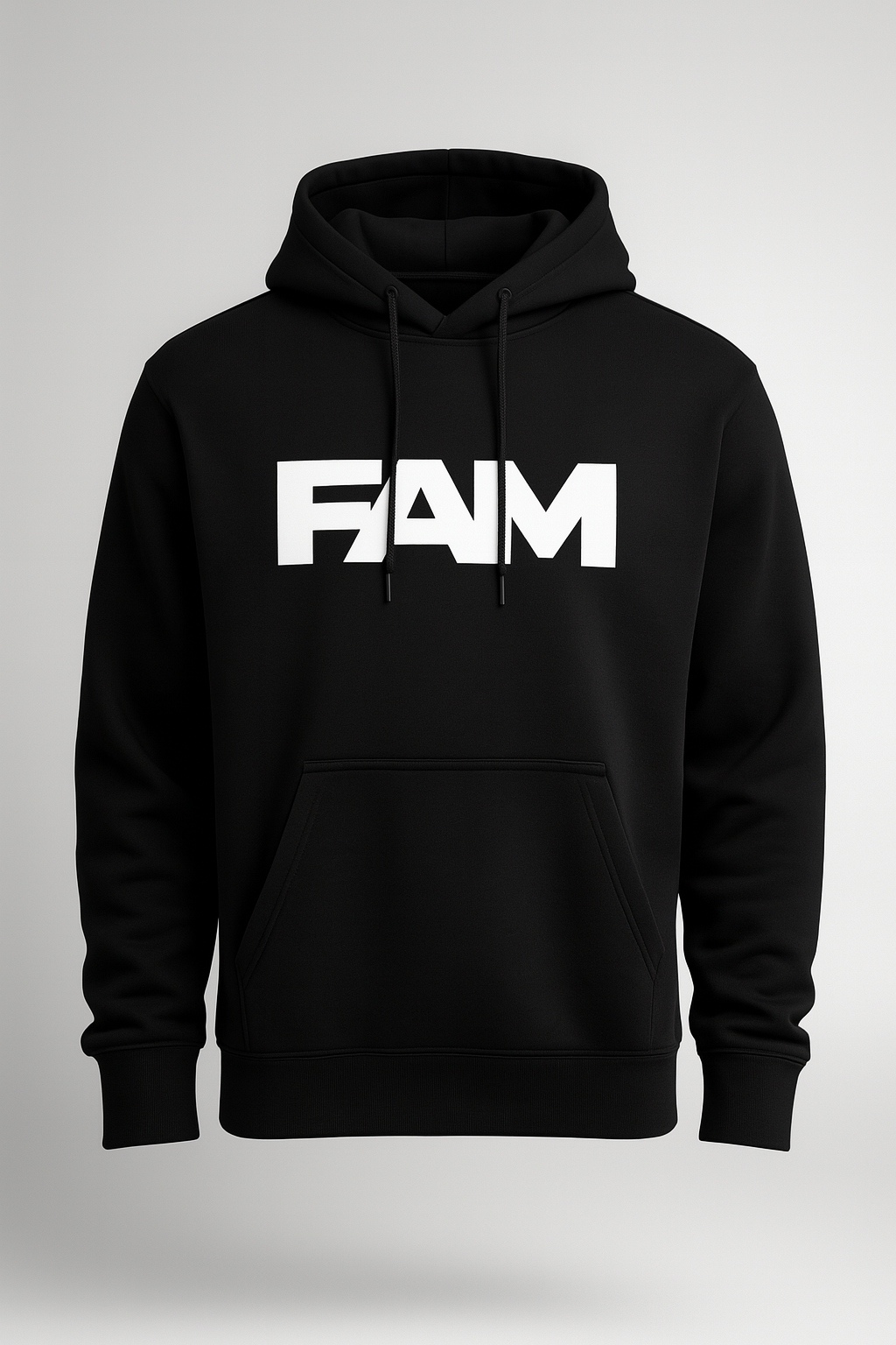 FAM Black Hoodie featuring bold white logo on deep black fabric, perfect for casual and cool looks.