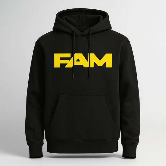 FAM black hoodie featuring bold yellow logo, perfect for casual wear and stylish comfort.