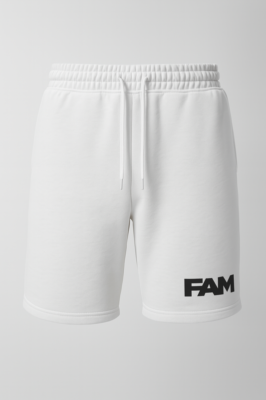 FAM White Shorts featuring a clean design, relaxed fit, and soft cotton blend for summer comfort.